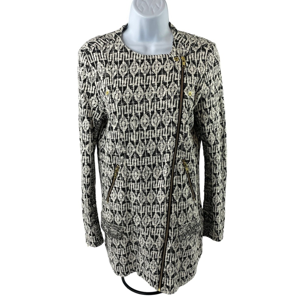 Lucky Brand Marnie Knit Moto Jacket Womens Small Black White Geometric Aztec